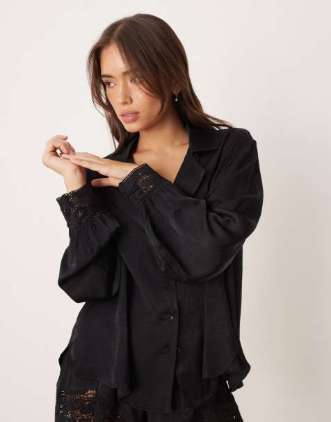 Free People midnight muse satin sleep shirt co-ord in black - view 1