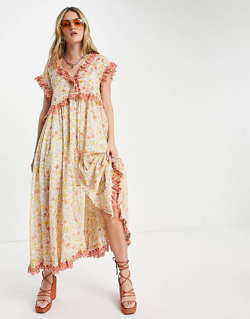 Free People – Milania – Sukienka midaxi z falbankami i kwiatowym wzorem w stylu vintage