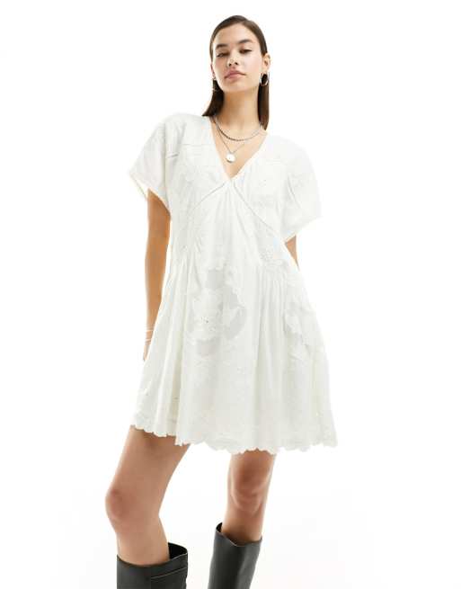 Free People - Mini jurk met inzetstukken van broderie in ivoorwit