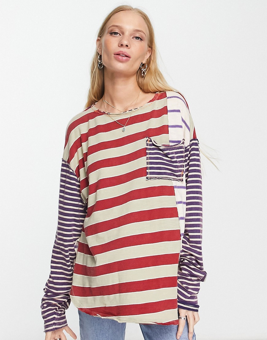 Free People mixed stripe jersey top in neutral-Multi