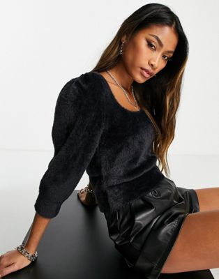 Free People Moonbean fluffy cropped jumper in black