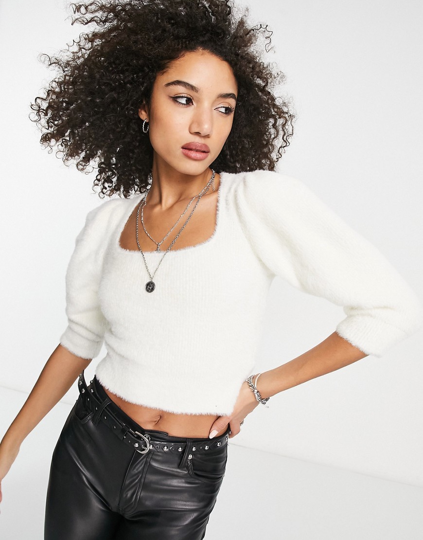 Free People Moonbean fluffy sweater in ivory-White
