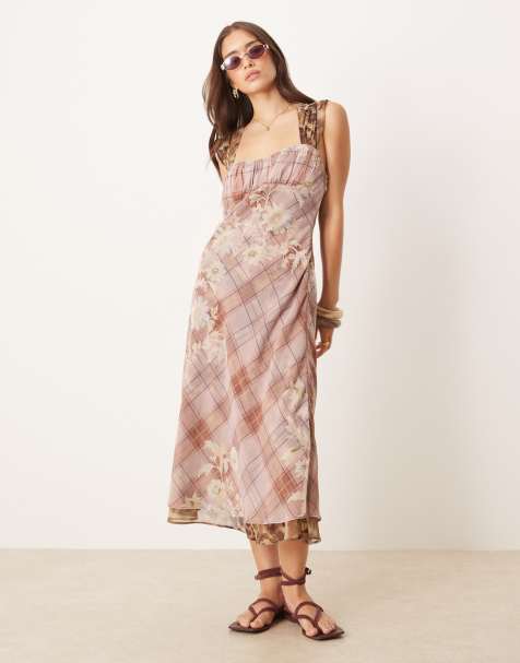 Free People morning dew check print midi cami dress in mauve