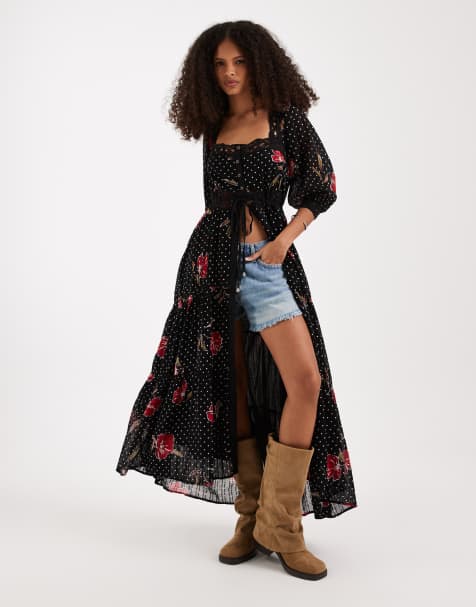 Free People morning meadows button down midi dress in black floral
