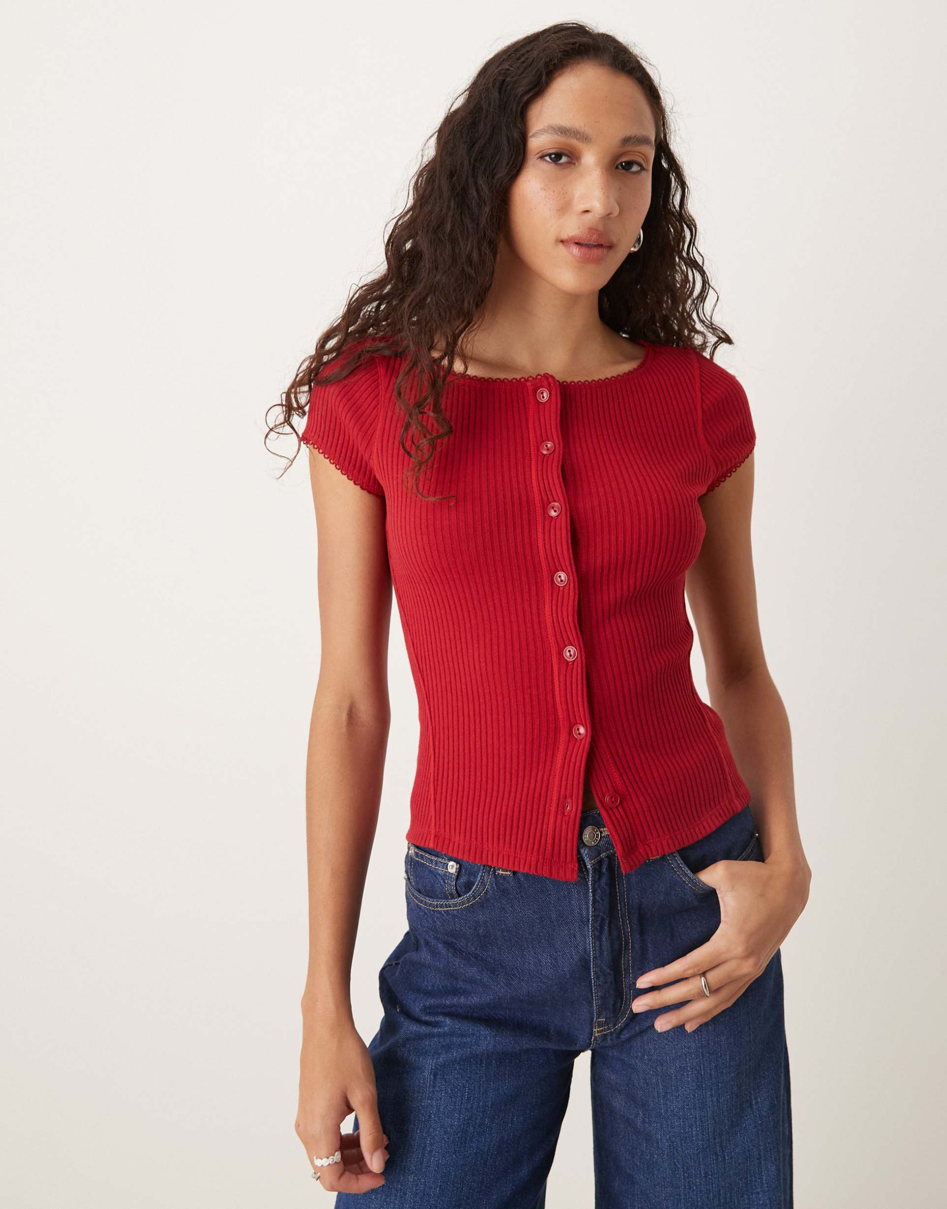 free people most wanted button through ribbed t-shirt in red