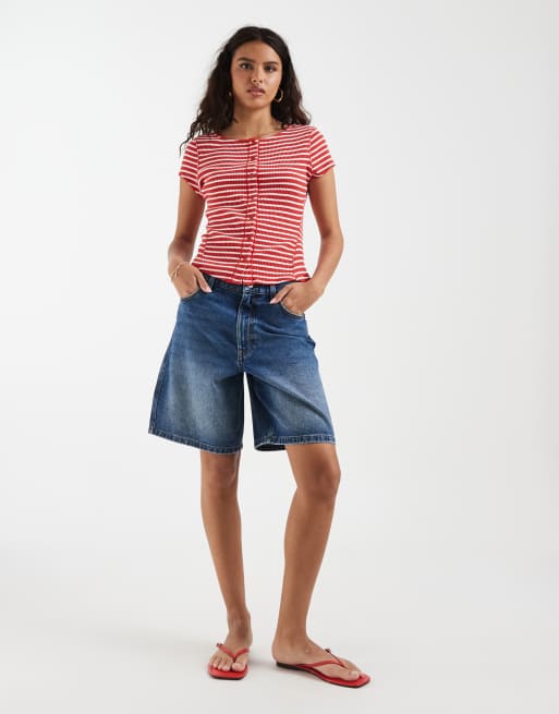 Free People - Most Wanted - Geribbelde gestreepte top met knoopsluiting in rood, 2 van 4