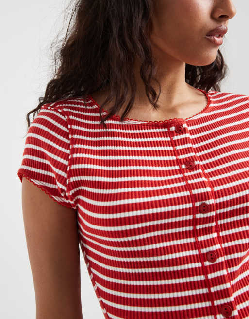 Free People - Most Wanted - Geribbelde gestreepte top met knoopsluiting in rood, 3 van 4
