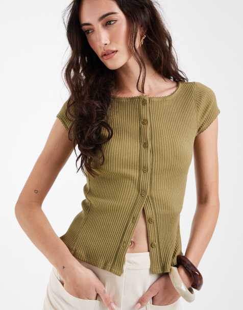 Free People most wanted rib button down cardigan top in green - view 1