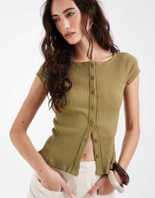 Free People most wanted rib button down cardigan top in green