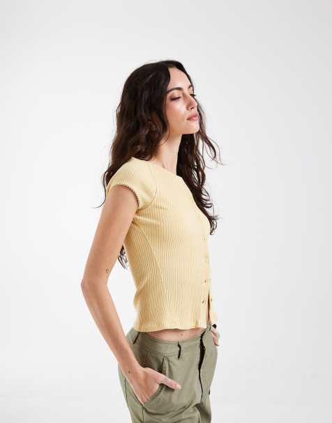 Free People most wanted rib button down cardigan top in yellow - view 1