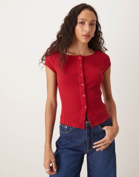 Free People – Most Wanted – Röd, ribbad t-shirt med knäppning - view 1