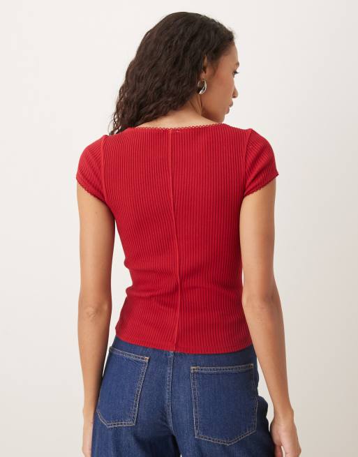 Free People - Most Wanted - T-shirt rossa a coste con bottoni, 3 di 4