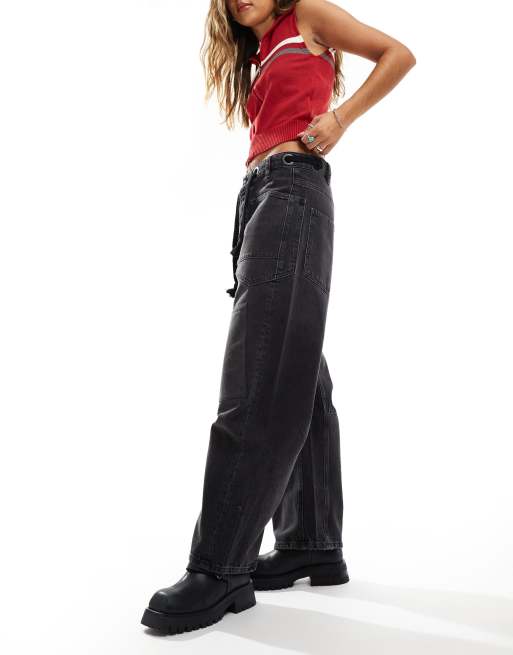 Free People - Moxie - Jeans met wijde ronde pijpen en halfhoge taille in antraciet met wassing