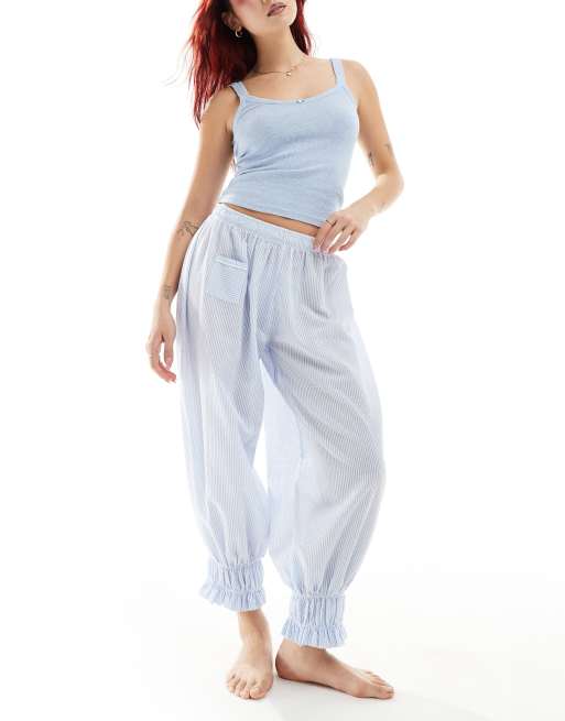 Free People - Nachtkledingset met ajourgebreide tanktop en gestreepte bloomer met lange pasvorm in lichtblauw