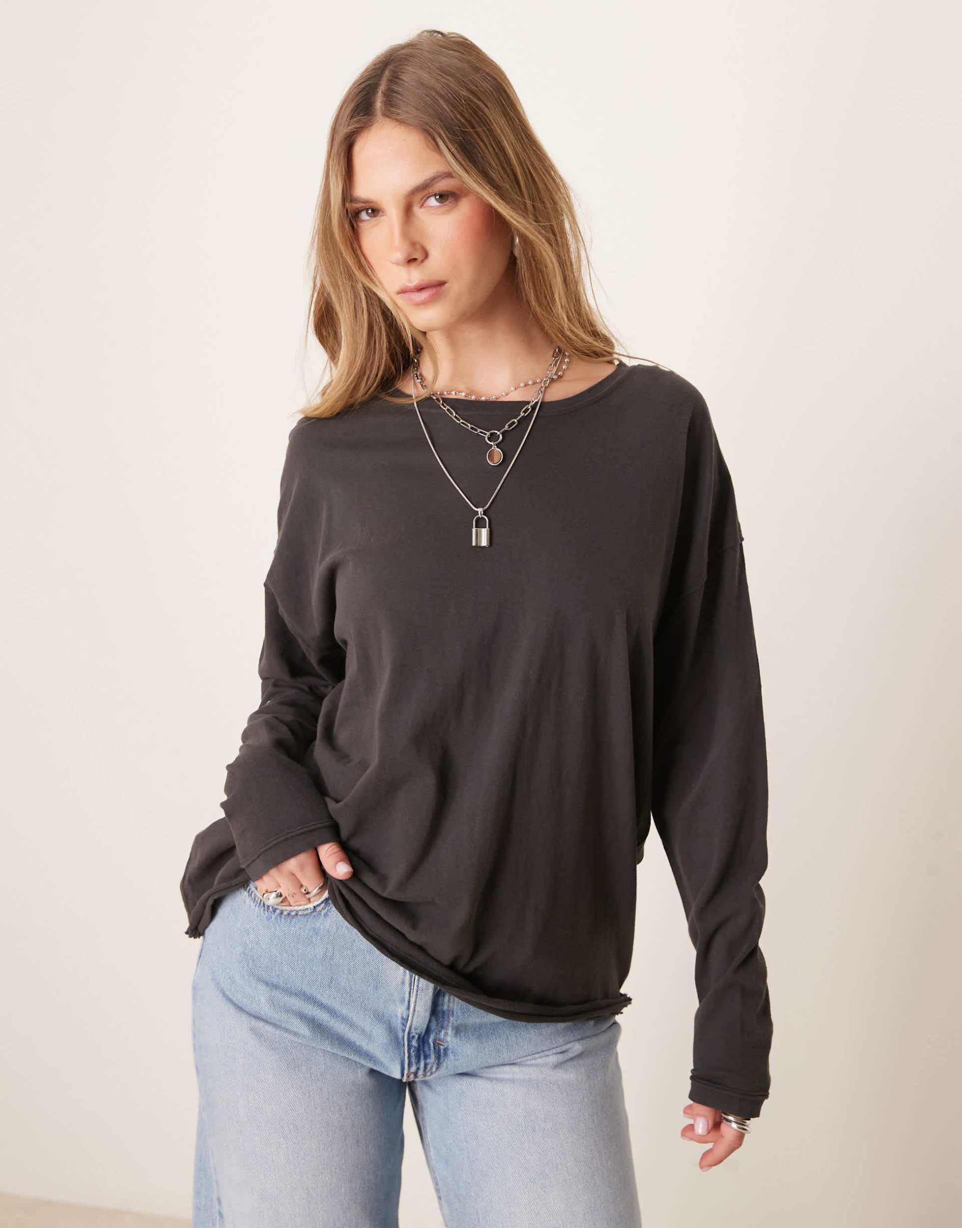 free people nina long sleeve t-shirt in washed black