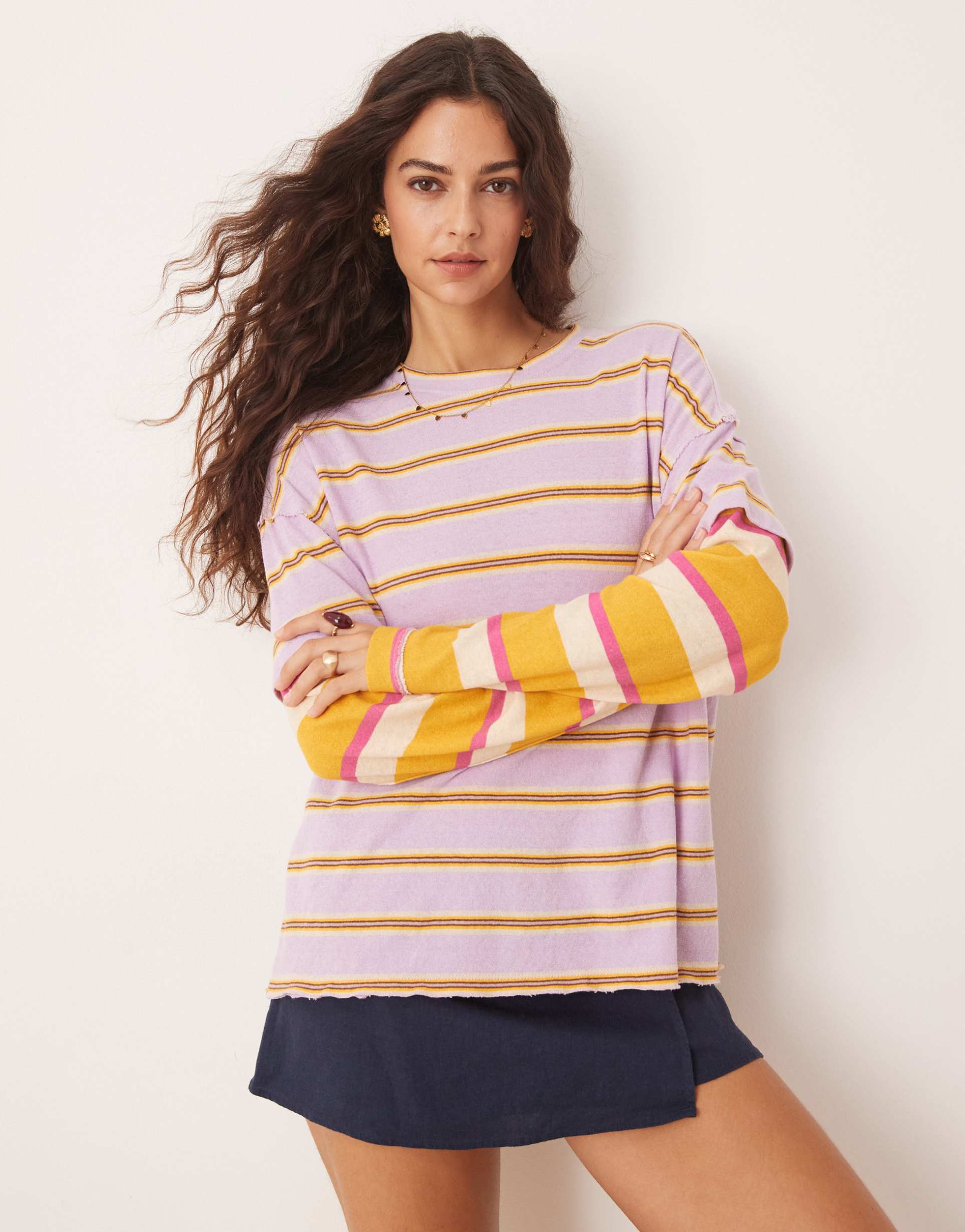 free people nina striped long sleeve top in pink
