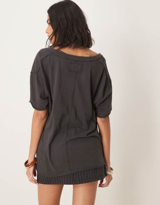 Free People nina v-neck oversized t-shirt in black, 4 of 4