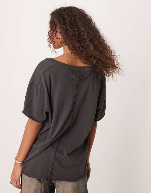 Free People nina v-neck oversized t-shirt in black, 4 of 4