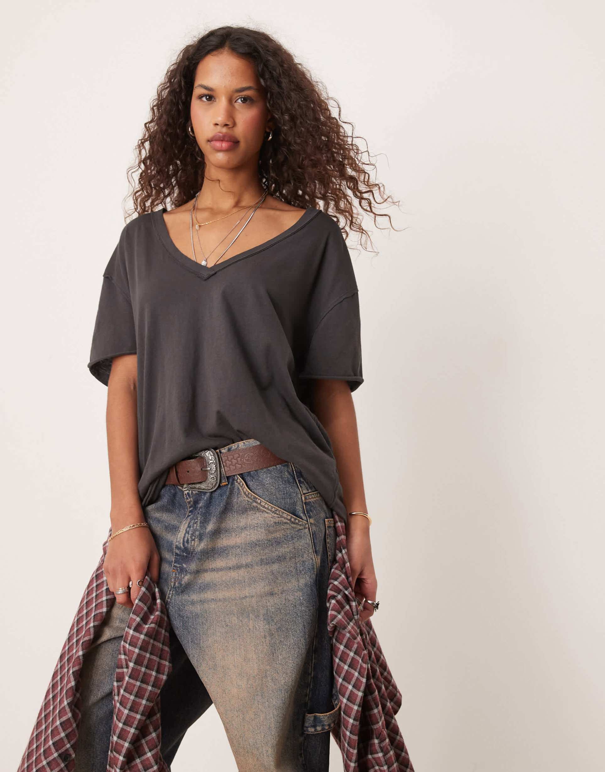 free people nina v-neck oversized t-shirt in black