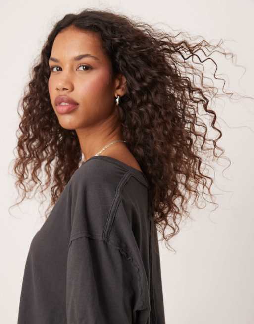 Free People nina v-neck oversized T-shirt in black, 2 of 4