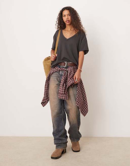 Free People nina v-neck oversized T-shirt in black, 3 of 4