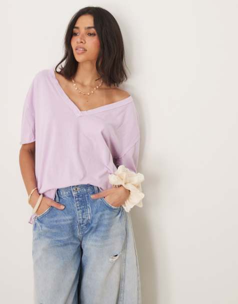 Free People nina v-neck oversized t-shirt in lavender - view 1