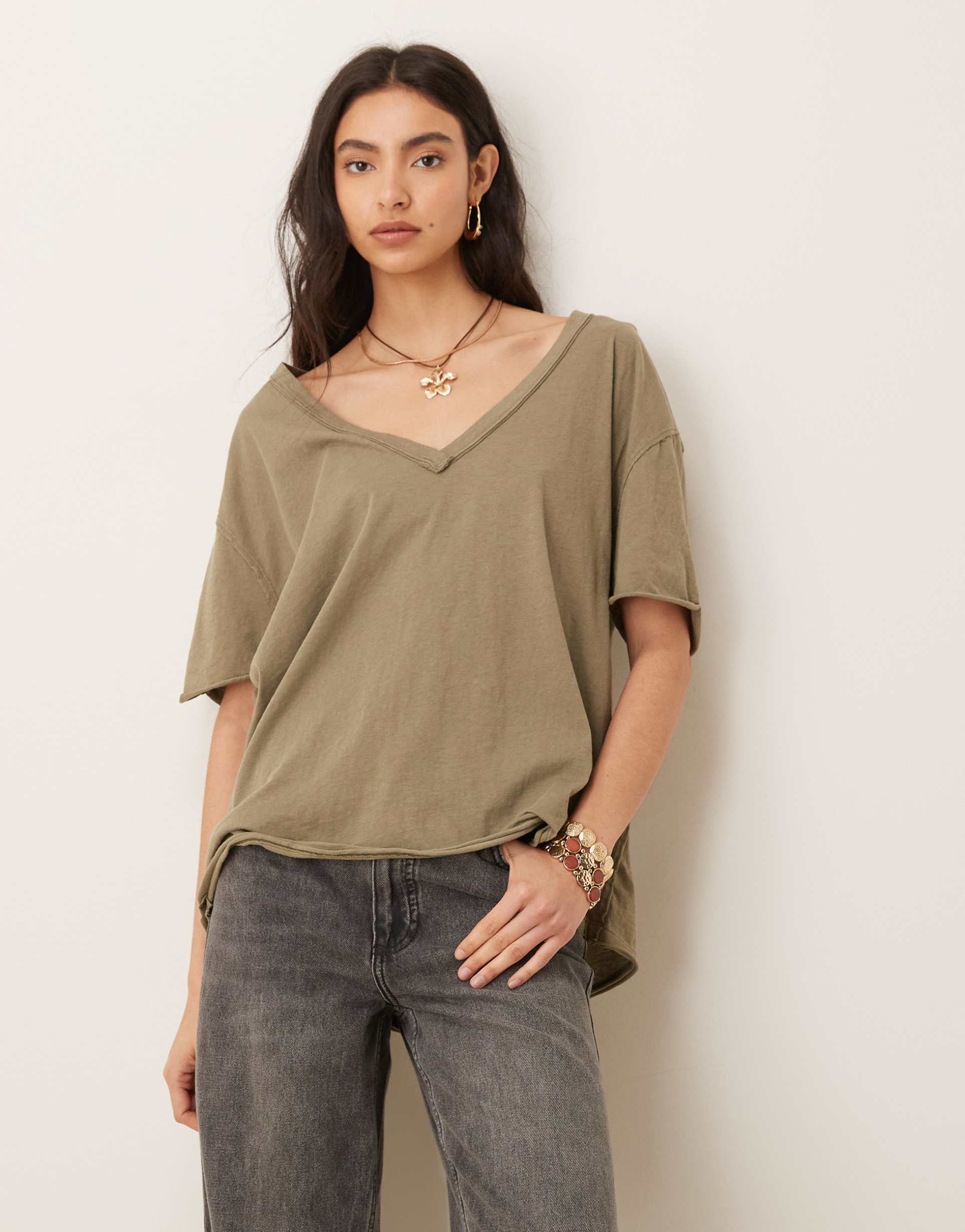 free people nina v-neck t-shirt in olive stone