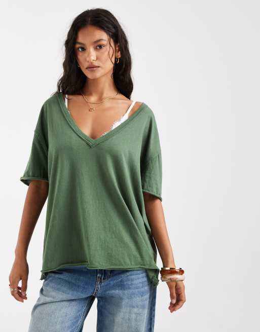 Free People Nina v-neck tee in dark green, 2 of 4