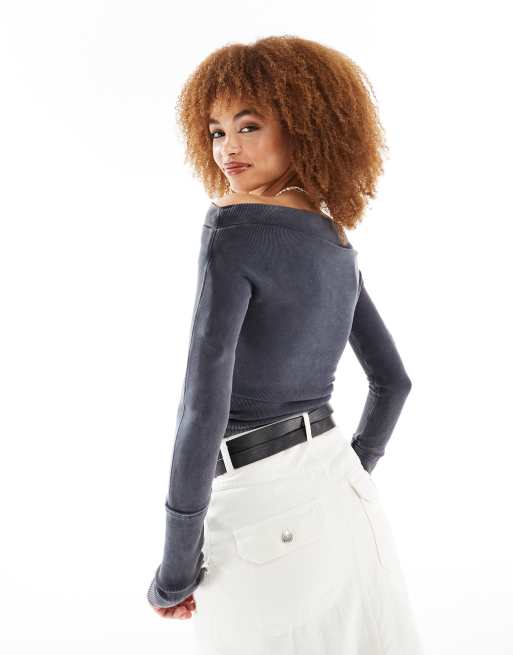 Free People off the shoulder ribbed top in washed black, 4 of 4