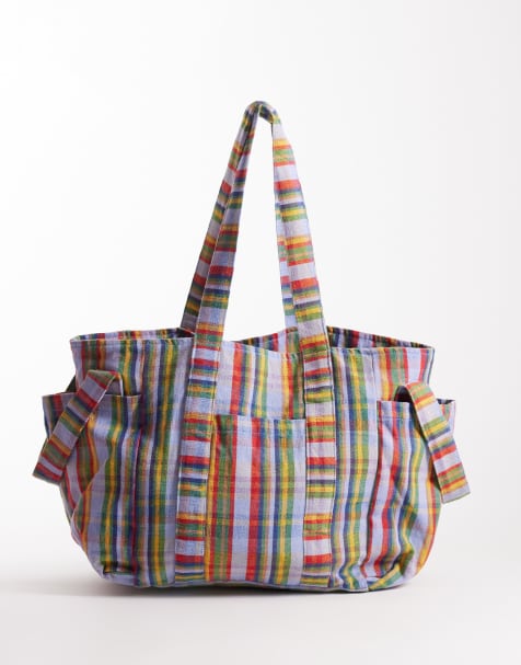 Free People oksana multi print tote bag in blue mix check - view 1