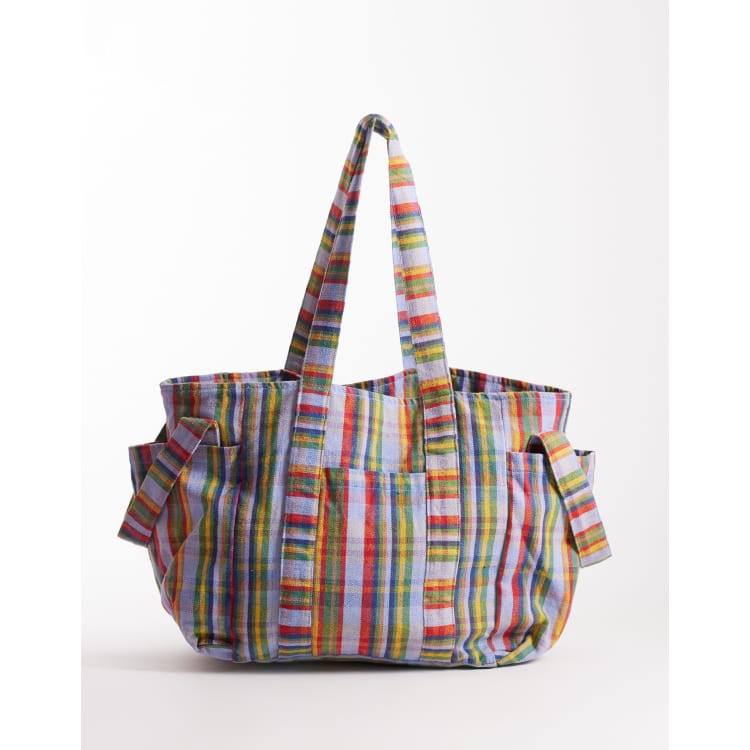Free People oksana multi print tote bag in blue mix check | ASOS