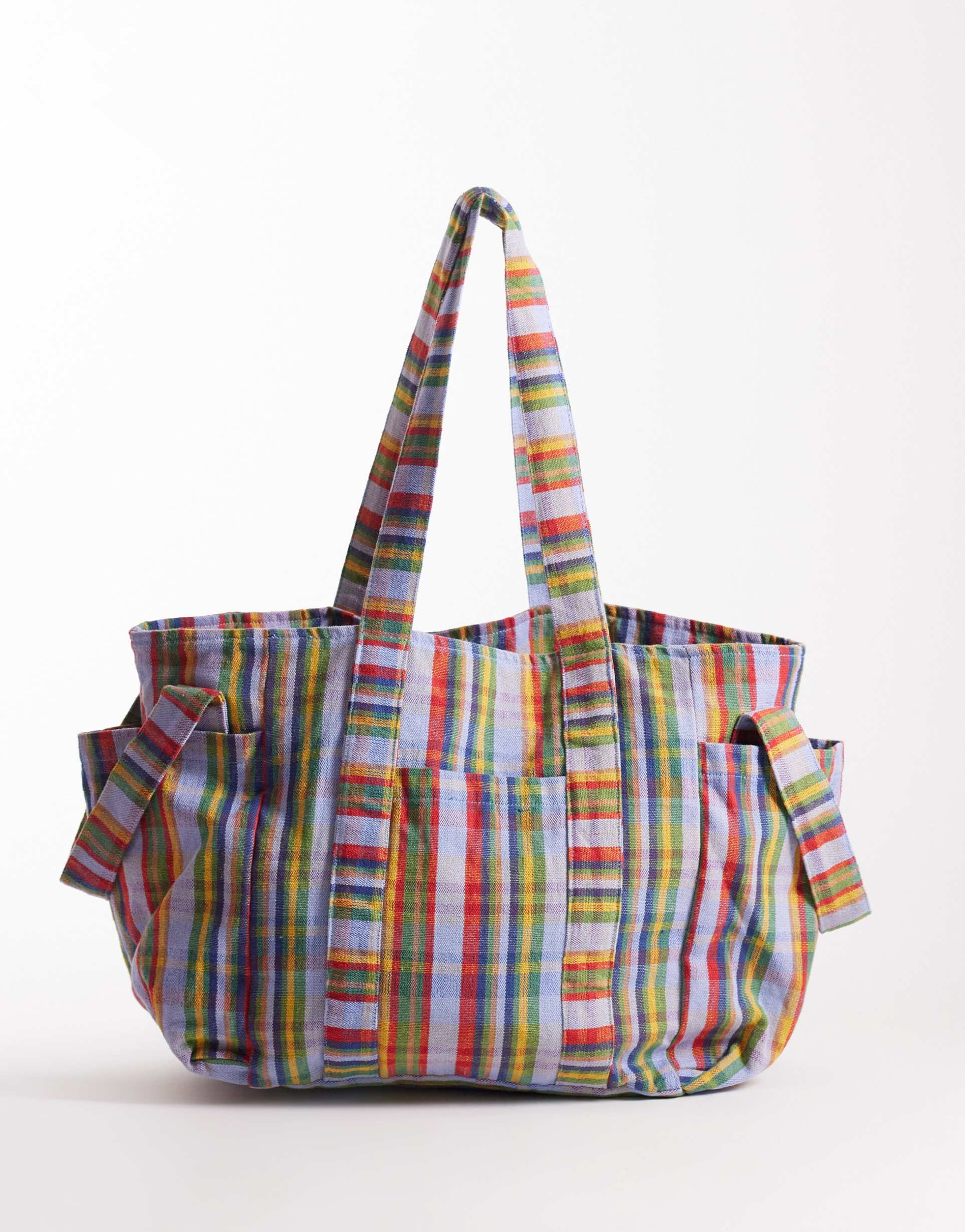 free people oksana multi print tote bag in blue mix check