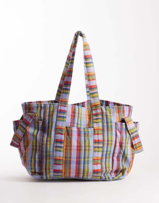 Free People oksana multi print tote bag in blue mix check | ASOS