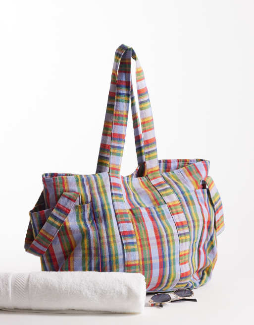 Free People oksana multi print tote bag in blue mix check | ASOS