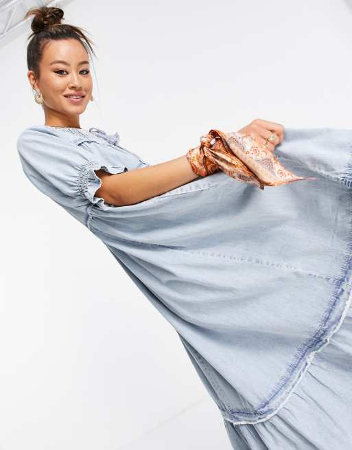 Free People one and only maxi smock dress with tassel tie in vintage wash denim