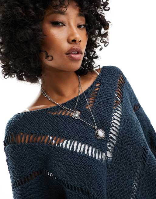 Free People open weave loose cropped jumper in dark blue ASOS