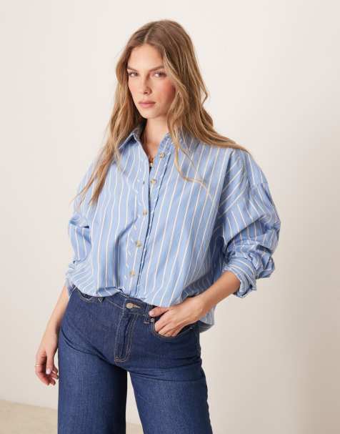 Free People – Oversize-Hemd in College-Stil in Blau gestreift - view 1