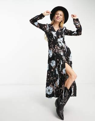 Free People - Oversize-Maxikleid in Schwarz mit Blumen-Applikationen