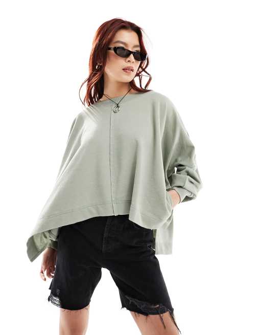 Free People – Oversize-Sweatshirt in verwaschenem Khaki mit Ziernaht