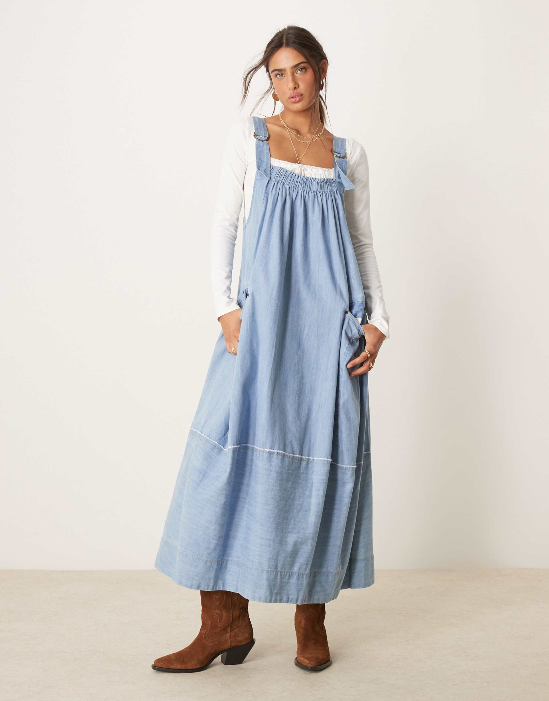 free people oversized denim camisole midaxi dress in frosted blue