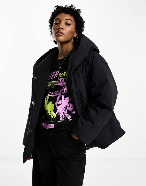 Free People - Oversized gewatteerd jack met opstaande boord in zwart