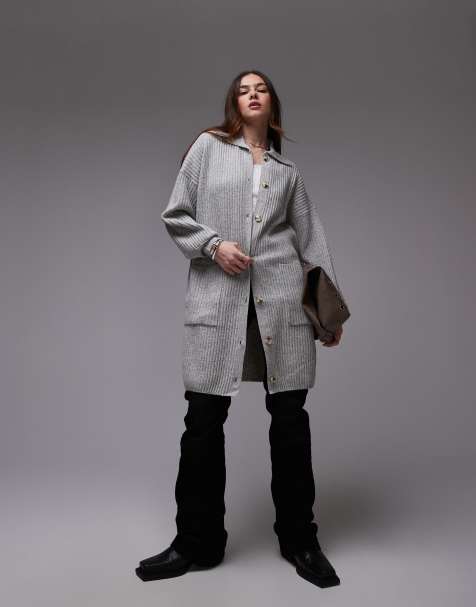 Free People oversized longline button detail cardigan in soft grey - view 1