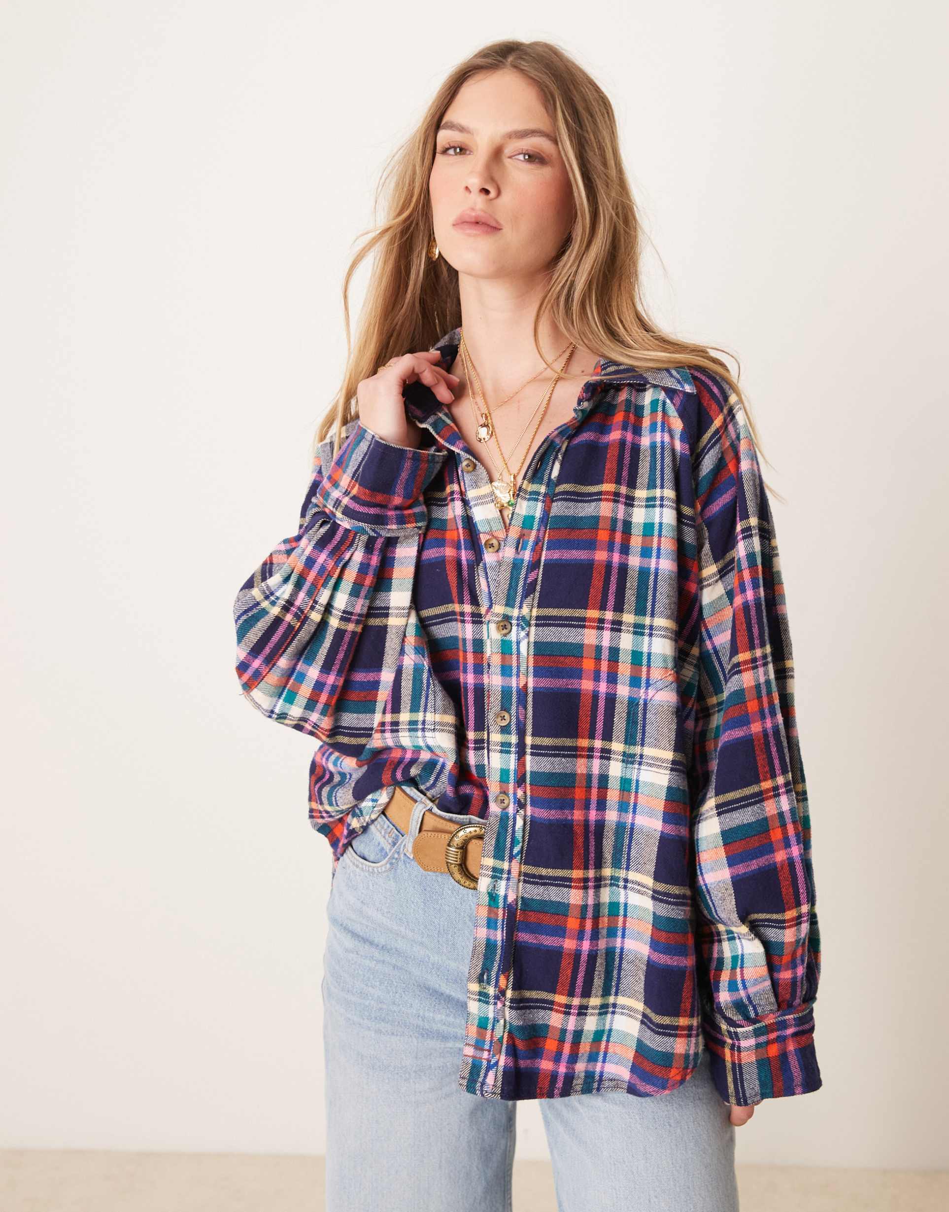free people oversized plaid shirt in multi