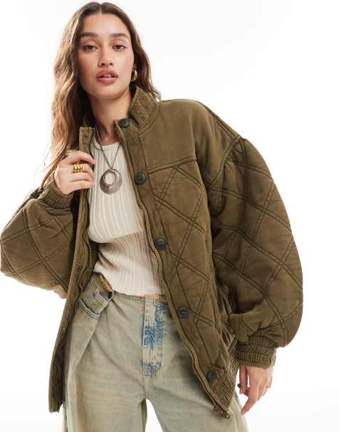 Free People oversized quilted bomber jacket in khaki - view 1