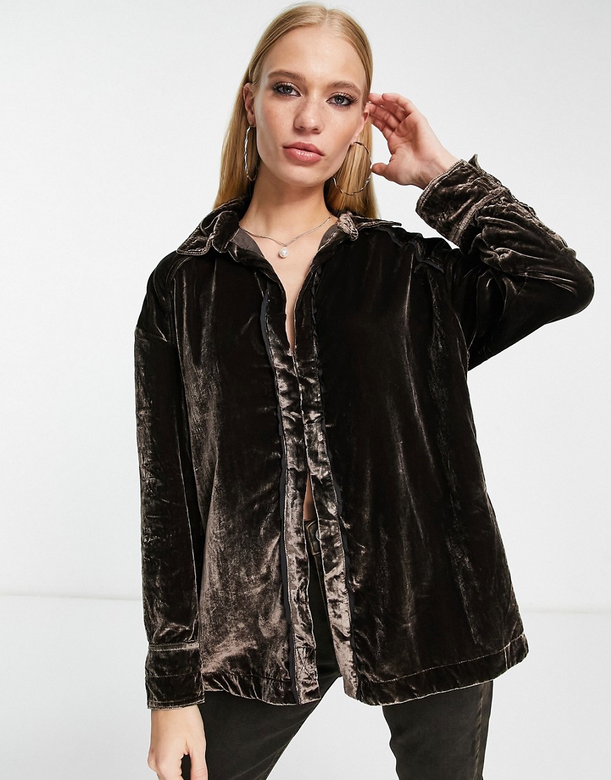 Free People oversized velvet shirt in chocolate brown