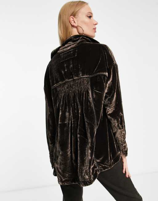 Free People oversized velvet shirt in chocolate brown, 2 of 4