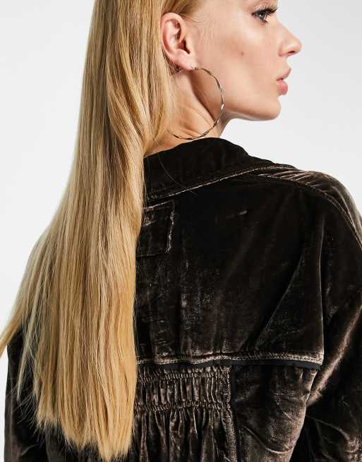 Free People oversized velvet shirt in chocolate brown, 3 of 4