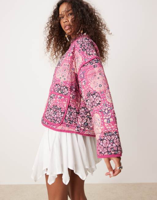 Free People paisley patchwork quilted jacket in pink