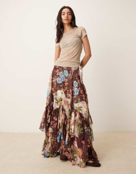 Free People palermo chiffon asymmetric maxi skirt in brown 