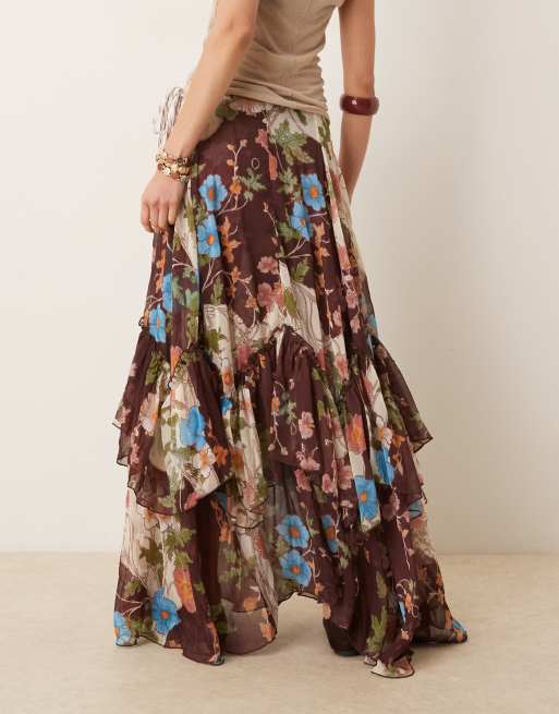 Free People Palermo chiffon asymmetric maxi skirt in brown , 4 of 5